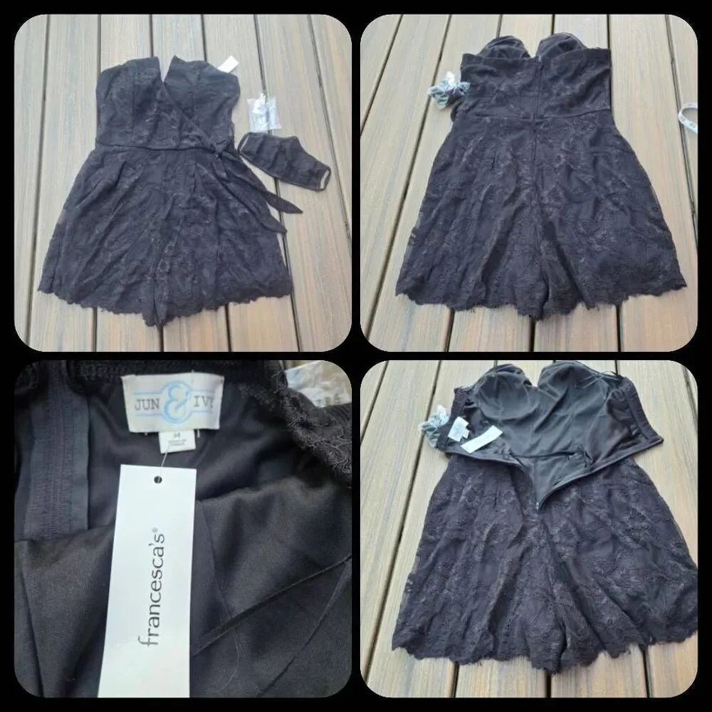 Nwt Jun & Ivy black lace romper from Francesca's size medium waist tie